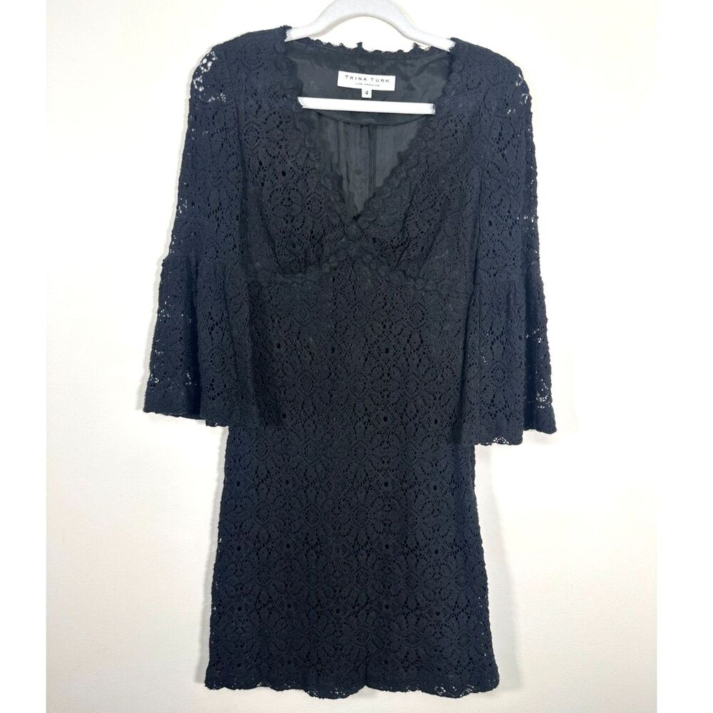 Trina Turk Black Floral Lace Bell Sleeve Dress Size 4 Cocktail Party Evening